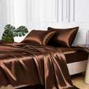 MR&HM Satin Bed Sheets, Queen Size Sheets Set, 4 Pcs Silky Bedding Set with 15 Inches Deep Pocket for Mattress (Queen, Brown)