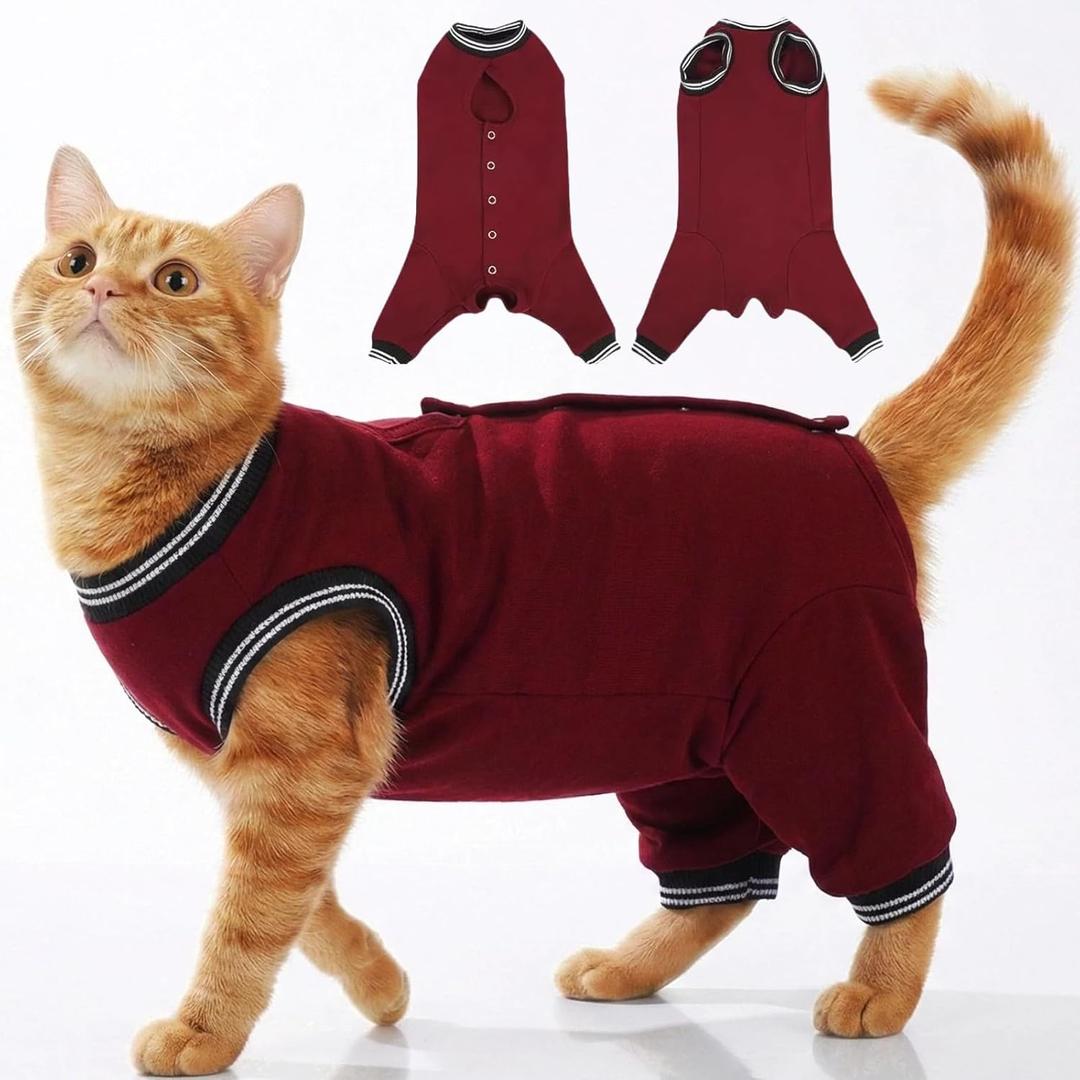 T'CHAQUE Cat Clothes Surgery Recovery Suit for Female Male, Cat Onesie Pet Surgical Pajamas Long Sleeve, Abdominal Wound Healing, E-Collar Alternative, Spay/Neuter Recovery Garment-Burgundy-L