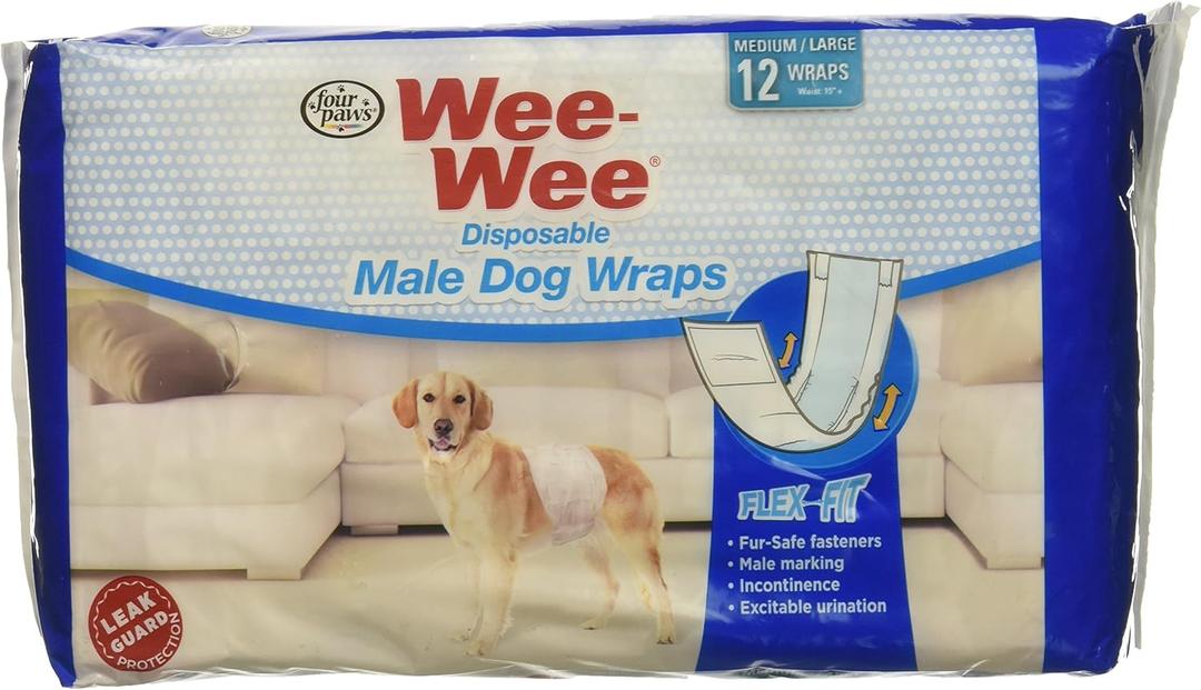 36 Pack of Wee-Wee Products Disposable Male Dog Wraps, Size Medium/Large (3 Packages with 12 Wraps Each)