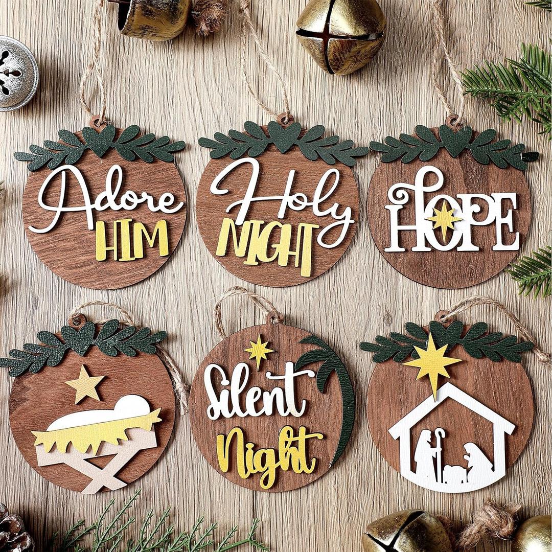 Shellwei 24 Pcs Christmas Nativity Story Wooden Ornaments Set Christmas Religious Scene Hanging Ornaments Bulk Christian Easter Gifts Xmas Tree Decoration Rustic Hanging Gift Tags for Family Crafts