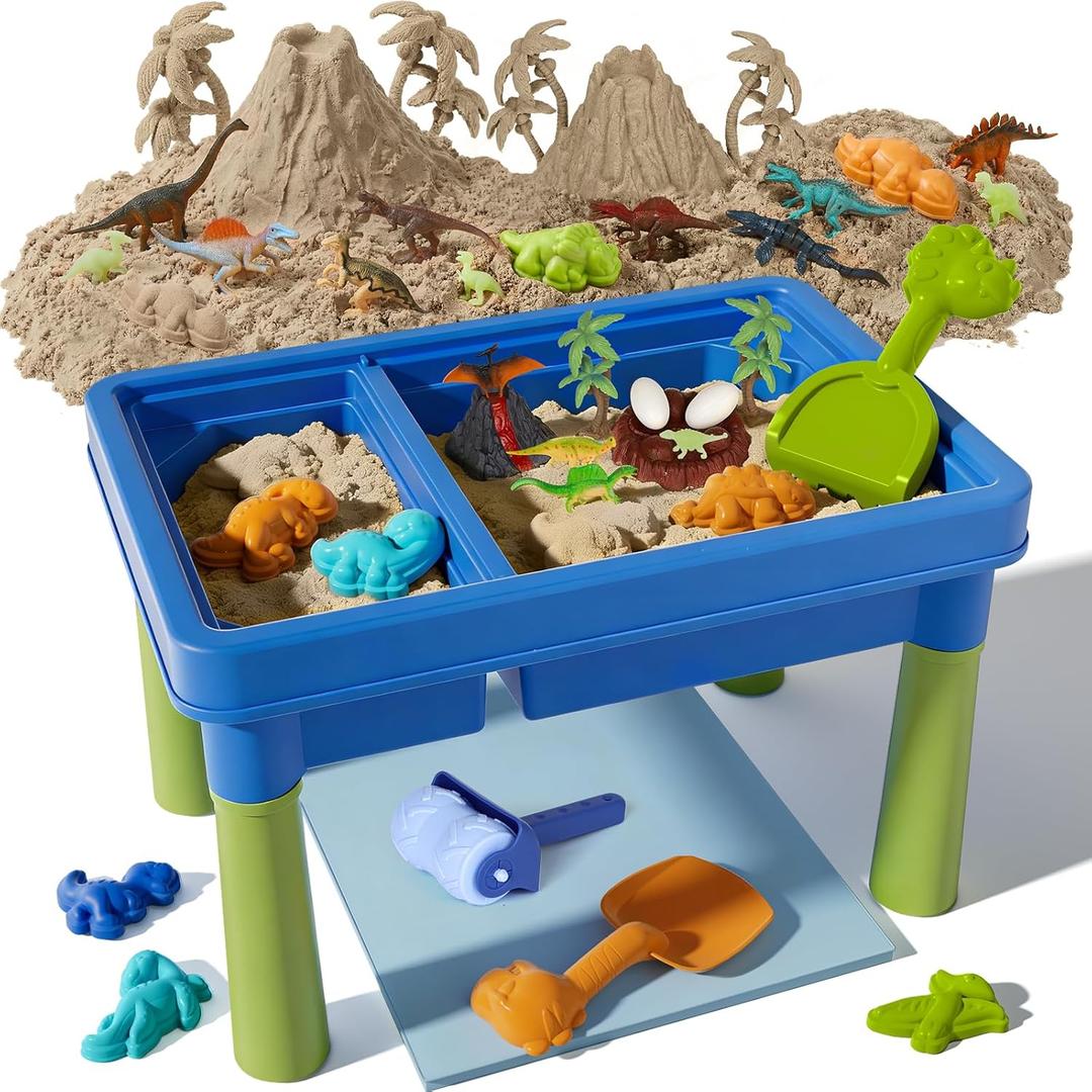 Lehoo Castle Dinosaur Sensory Table with Sand, Sand Table with Lid & 16 Dinosaurs, Adjustable Legs, Indoor Outdoor Play, Role Play Beach Toy, Birthday Gift for Boys Girls