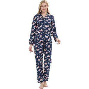 GLOBAL Comfy Pajamas for Women 2-Piece Warm and Cozy Flannel Pj Set of Loungewear Button Front Top Pants (XX-Large, Dark Blue & Pink Roses)