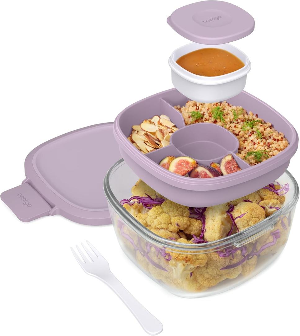 Bentgo Glass All-in-One Salad Container - Large 61-oz Salad Bowl with Lid, 4-Compartment Bento-Style Tray, 3-oz Sauce Container, and Reusable Fork - Dishwasher, Microwave, and Oven Safe (Lavender)