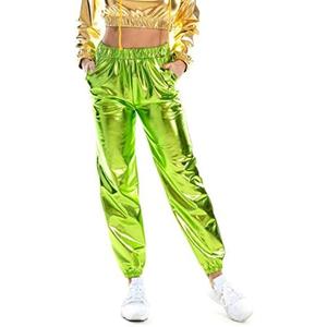 SIAEAMRG Womens Shiny Metallic High Waist Stretchy Jogger Pants, Wet Look Hip Hop Club Wear Holographic Trousers Sweatpant Size S