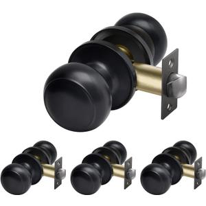 CML Hardware (4 Pack) Passage Door Knob, Matte Black Interior Door Lock Set for Hallway or Closet, No Locking, Round Ball Handle