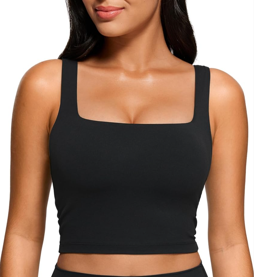 CRZ YOGA Butterluxe Womens Square Neck Longline Sports Bra - Workout Crop Tank Tops Padded Yoga Camisole with Built in Pads, Medium