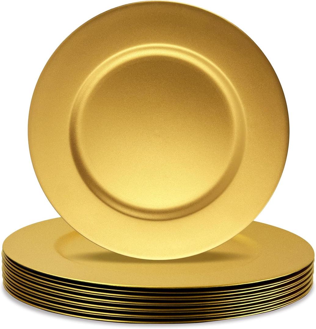 Cheardia 12 Pack Plastic Gold Charger Plates, 13 Inch Round Decorative Serving Dinner Charger Plate Bulk for Wedding, Catering, Parties, Restaurant, Home