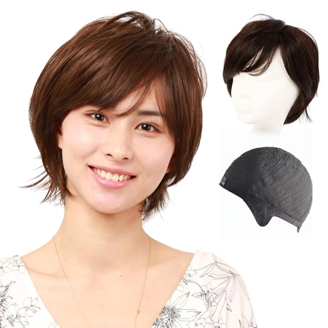 Heat Resistant Synthetic Hair Wig Short Fashion Fluffy Wig for Asian Young Women IUH30S20 (Human hair mixed+Medical base, N2 Natural Black)