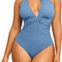 SHAPELLX Women's One Piece Swimsuit Tummy Control Ruched Full Coverage Bathing Suit V Neck Slimming Swimwear (Blue) XL
