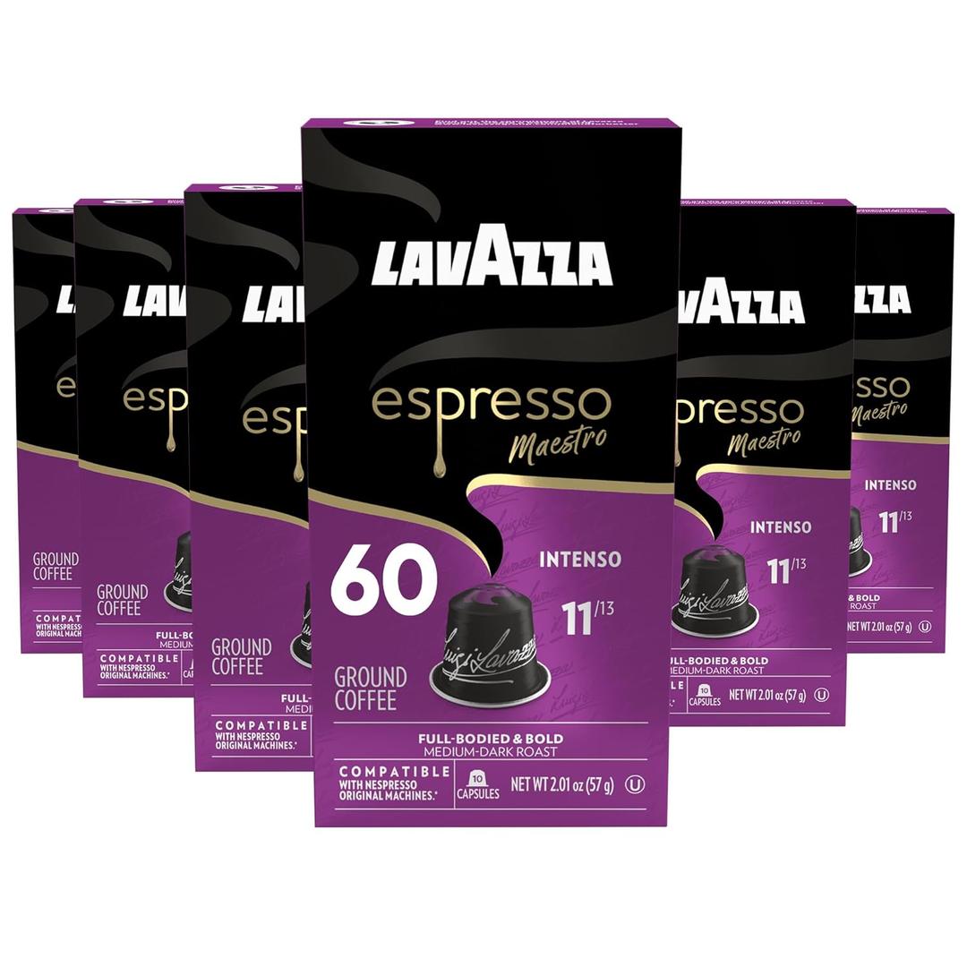Lavazza Espresso Maestro Intenso Aluminum Capsules Compatible with Nespresso* Original Machines, Medium-Dark Espresso Roast, Arabica and Robusta (60 Capsules) (10 Count (Pack of 6))