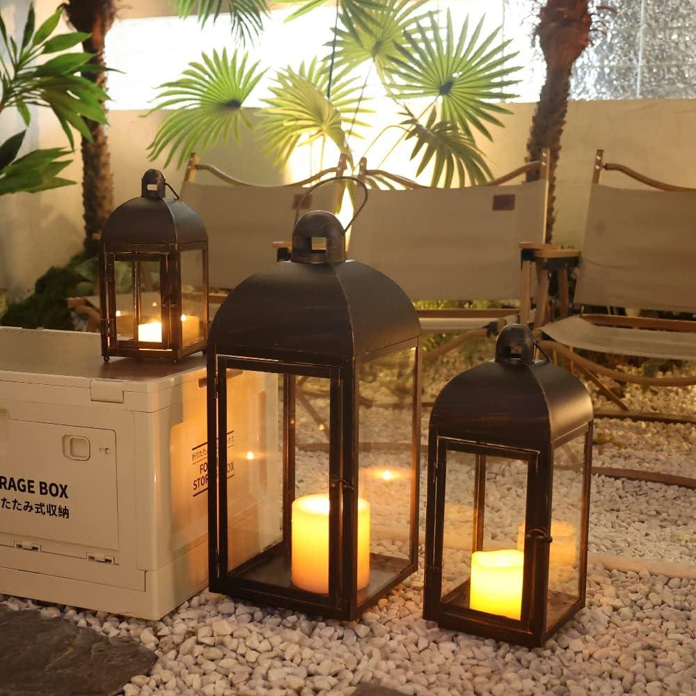 NEEDOMO Lanterns Decorative Outdoor & Indoor, Set of 3 Outdoor Lanterns for Porch, 23" Large Candle Lantern, Bronze Metal Frame with Glass, Vintage Farmhouse, Patio, Pathway, Garden, Fall, Christmas (Bronze-23"/17"7.5"h)