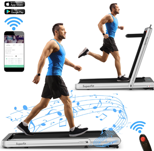 SuperFit 4.75HP 2 In 1 Folding Treadmill W/Remote APP Control Silver