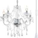 Plug-in 5 Light Crystal Hanging Pendant Lights Acrylic Chandelier with Clear Cord & On/Off Switch H19 D19.7 for Kitchen Island Girls' Room Dining Area Laundry Pavilion.