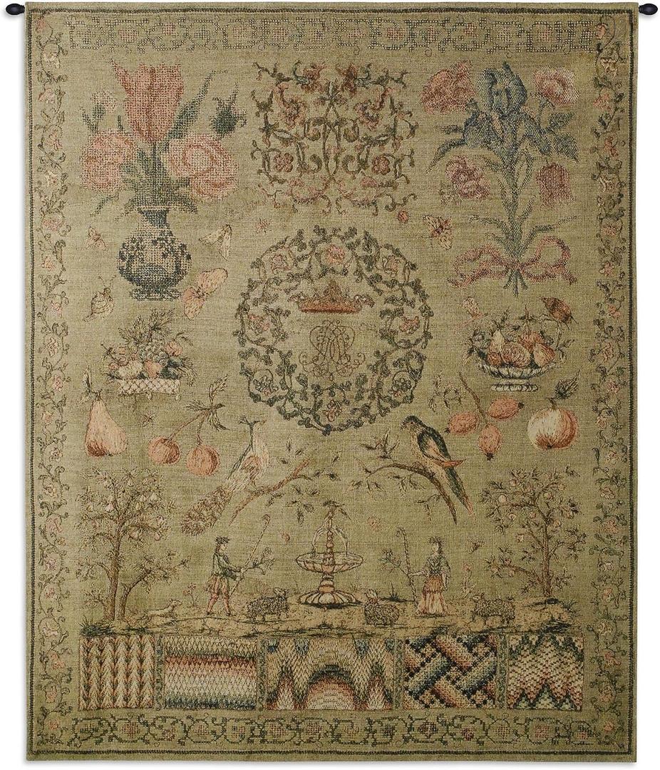 Sampler I | Woven Tapestry Wall Art Hanging | Vintage Sewing and Needlepoint Patterns Historic Reproduction | 100% Cotton USA Size 53x44