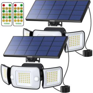 intelamp Solar Lights Outdoor, 3 Head Solar Motion Sensor Lights for Outside, lP65 Waterproof, Separate Panel with 9FT Cable Remote Control Flood Lights(2Pack)