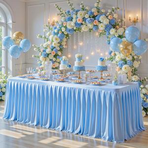 4FT Blue Satin Tablecloths for Rectangle Tables - Shiny Spandex Party Table Cover with Pleated Table Skirt, No-Wrinkle & Glossy Wedding Tablecloth One-Piece for Birthday Baby Shower Banquet Ceremony