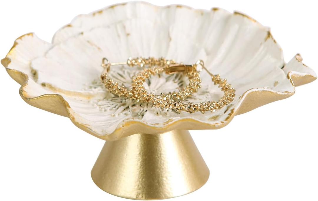 NIKKY HOME Small Vintage Ring Holder Jewelry Dish, Flower Shaped Trinket Display Decorative Metal Tray Classy Birthday Gifts for Women, White