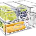 MANO Fridge Drawer Pull Out Stackable Bins with Handle Clear Refrigerator Drawers Organizer Food Storage Container Box with Dividers Plastic Produce Saver for Pantry, Cabinet, Kitchen, Clothes4Pack