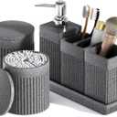 6-Piece Bathroom Set Grey - Stone Textured Resin Bathroom Organizer with Soap Dispenser, Toothbrush Holder, Vanity Tray, Tumbler & Cotton Swab Jars for Small Spaces