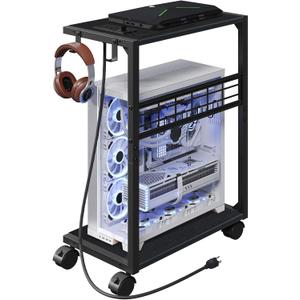 PC Stand, Computer Tower Stand with Charging Station, 16.9" W x 11.4" D x 27.6" H, Computer Cart with Wheels and Hooks, CPU Holder for Carpet, Floor and Under Desk, Easy Assembly, Black