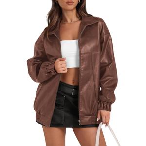 Yousify Womens Leather Jacket Oversized Faux Casual Zip Up Bomber Motorcycle Jackect Trendy Fall Winter Clothes S-XXL (Dark Brown)