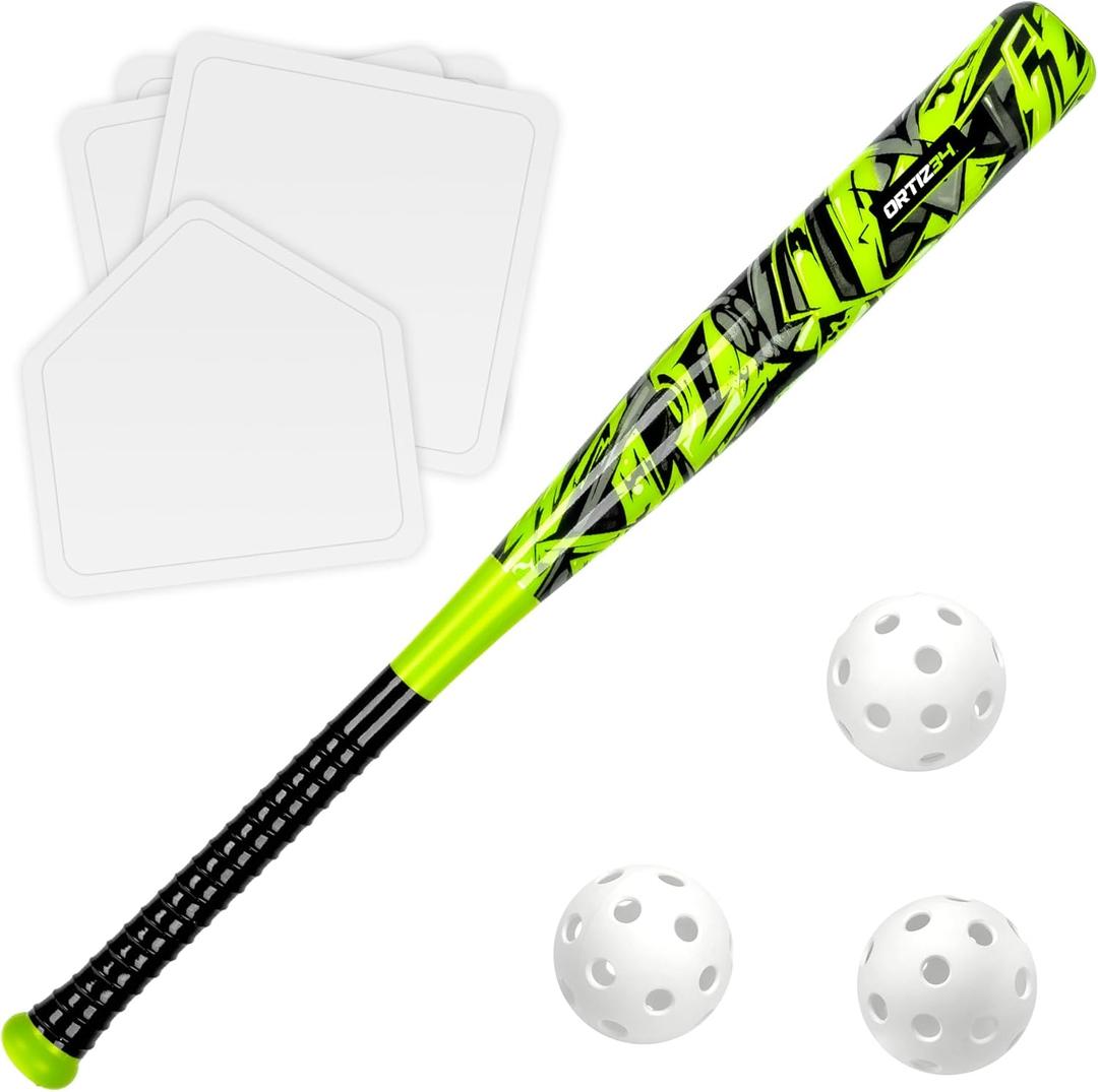 Grand Slam Set- Graffiti Plastic Bat, David Ortiz Backyard Baseball Set with 3 Balls, 4 Throw Down Bases (Volt)
