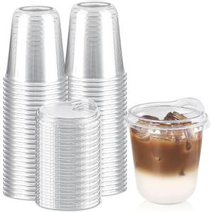 Qeirudu 12 Oz Round Bottom Clear Plastic Cups with Strawless Sip Lids, 50 Pack Disposable Iced Coffee Cups To Go Cups for Cold Drinks, Smoothie, Juice, Milkshake