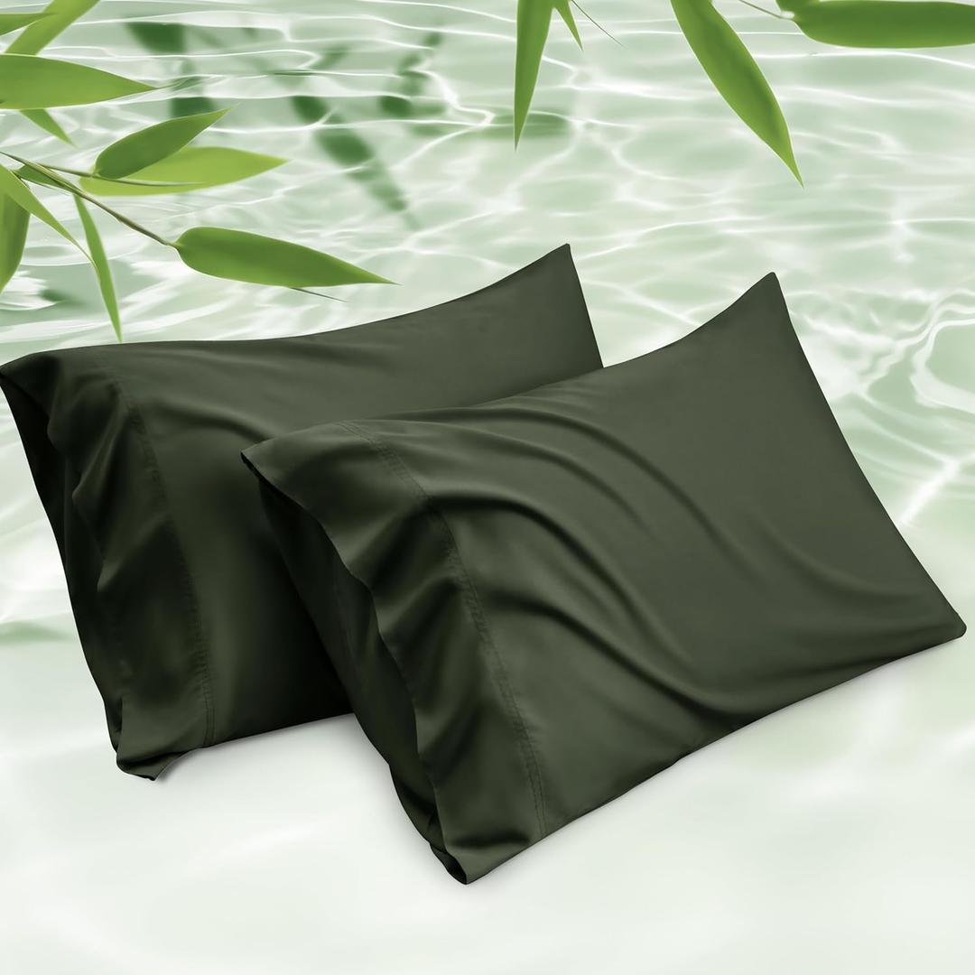 Bedsure Pillow Cases Standard Size, Cooling Pillow Cases, Rayon Derived from Bamboo Olive Green Pillowcases Standard Set of 2, PureWoven Silky Soft Pillow Covers with Envelope Closure, 20x26 Inches