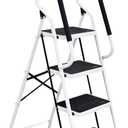 Double Elite Step Ladder 5 Step Folding with Handrails, Safer 5 Step Ladders for Home, Convenient Folding Step Stool with Tool Bag, Sturdy Indoor/Outdoor Ladder for Adults Anti-Slip Pedals, White