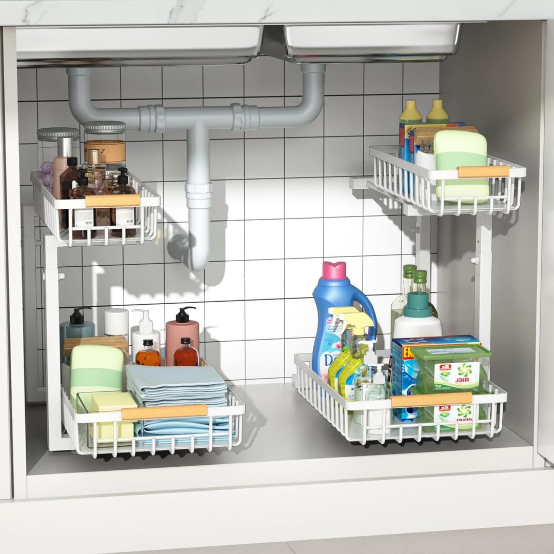 Under Sink Organizers,5 Adjustable HeightMetal Pull Out and Storage Shelves with Sliding Drawer for Kitchen, Bathroom, White, 2 PackHight 13.6-16.9