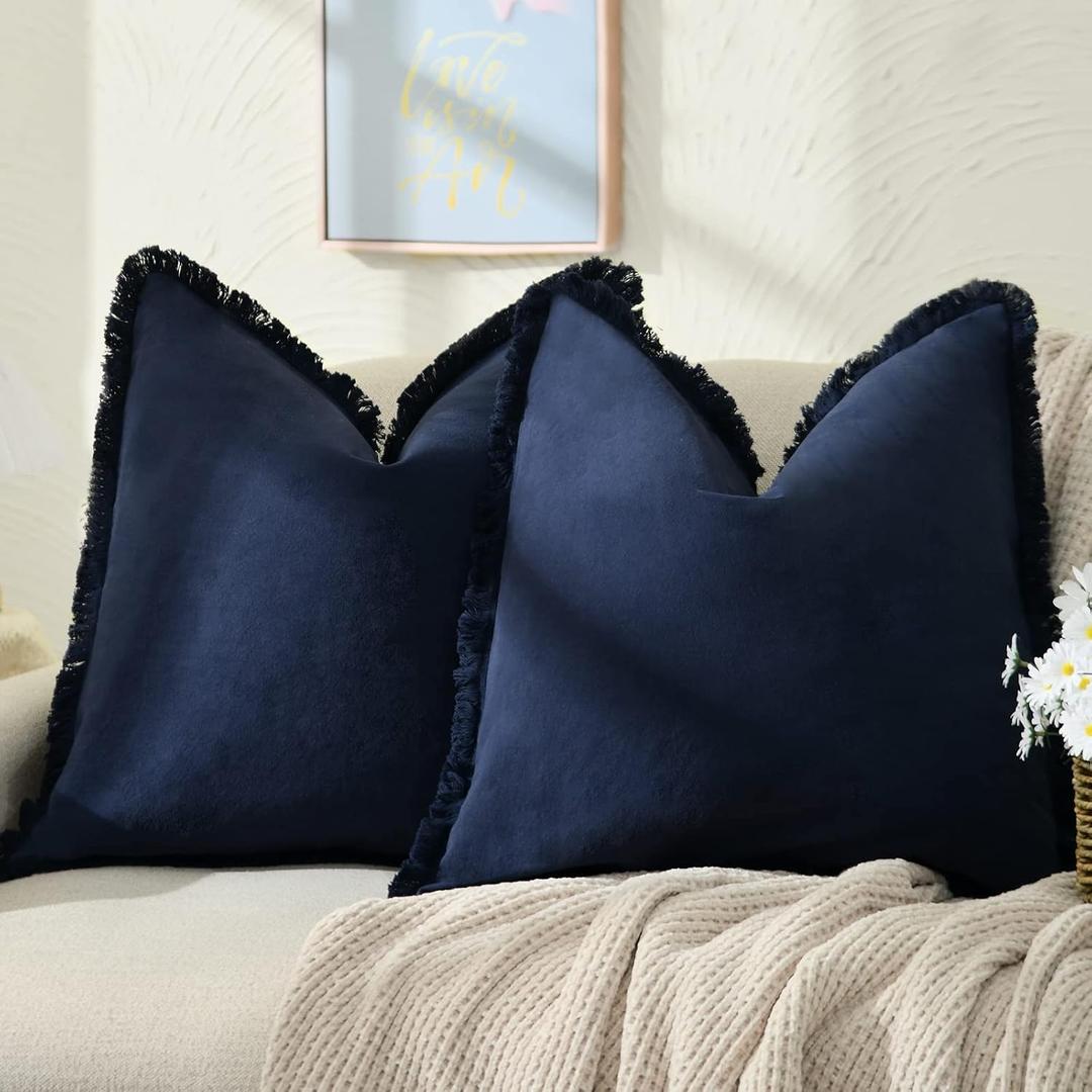 ZWJD Pillow Covers 18x18 Set of 2 Navy Throw Pillow Covers with Fringe Chic Cotton Decorative Pillows Square Cushion Covers for Sofa Couch Bed Living Room Farmhouse Boho Decor