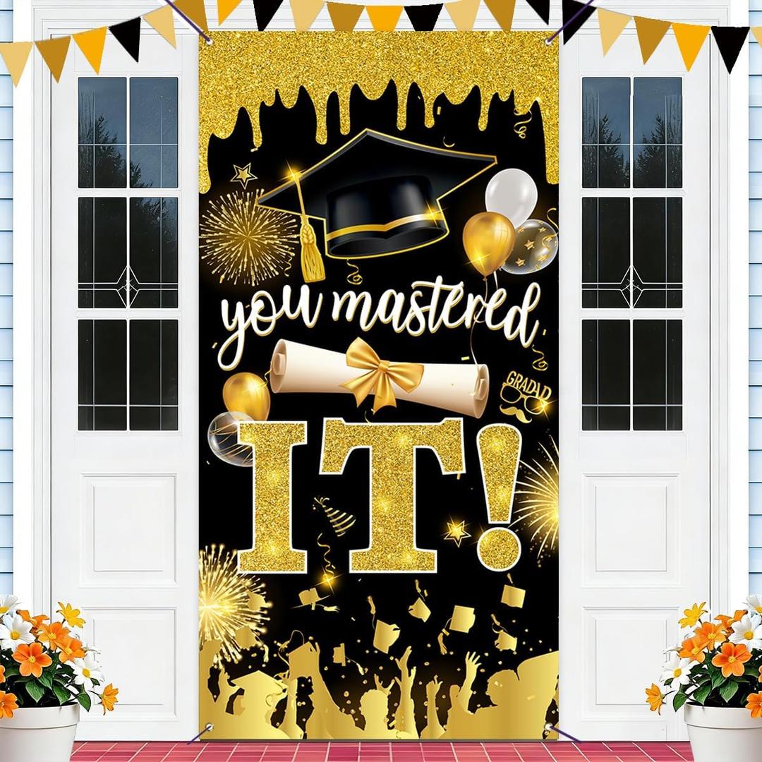 Masters Graduation Banner Class of 2026 Backdrop Sign Mastered It Congrats Grad Decor Black Gold Graduation Decorations for Home Party