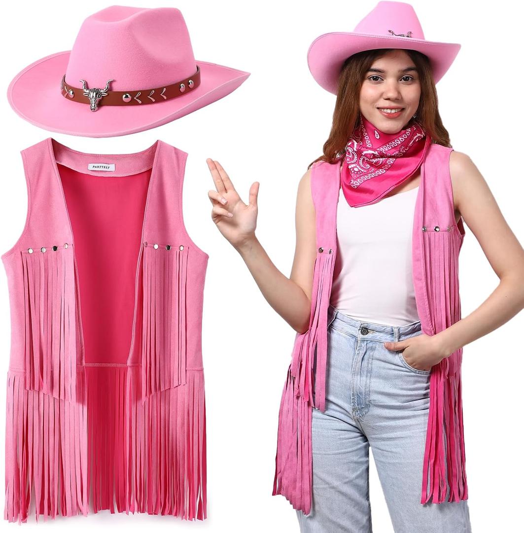 Western Outfits for Women Cowgirl Tassel Sleeveless Vest Cowboy Hat and Paisley Bandana (Large, Pink)