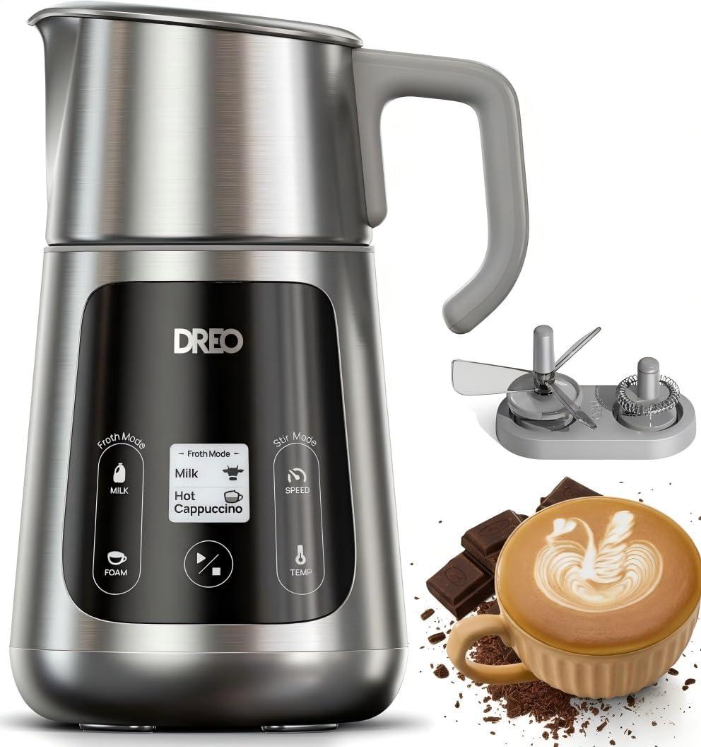 Dreo All-in-1 Milk Frother, Electric Foam Frother for Latte Art Microfoam and Coffee, 15oz/450ml Automatic Milk Warmer with 30 Drinks, Dishwasher Safe, Dairy/Plant-Based Milk (Silver)