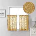 Lecloud Leia Dark Gold Sheer Kitchen Curtains 24 Inch Length 2 Pcs, Jacquard Textured Leaf Voile Short Curtains with Dual Rod Pocket, Farmhouse Bedroom Living Room Tiers, 40 W x 24 L