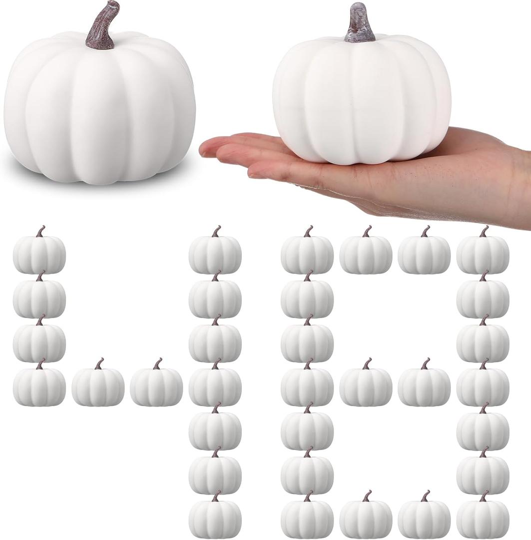 Liliful 60 Pack 4 Inch Fall Harvest White Artificial Pumpkins Crafts Rustic Decorative Pumpkin Foam Pumpkins Decoration for Halloween Thanksgiving Wedding Dining Table Centerpiece Decorating