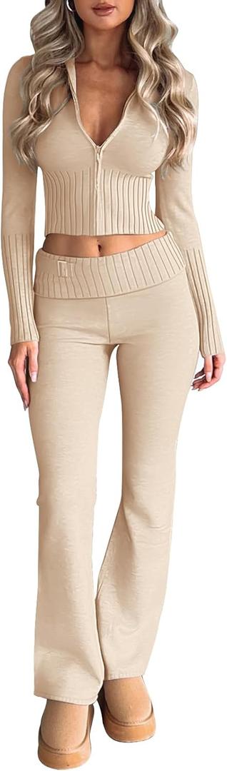 LILLUSORY 2 Piece Knit Sets Women's Trendy Slim Fit Hooded Sweatsuit Sets (Medium, Apricot)