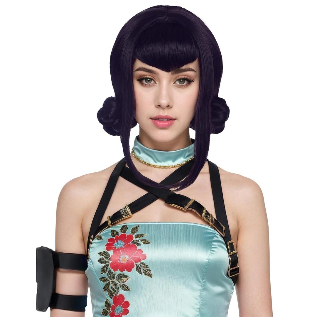 yuehong Black purple Women Double Buns Anime Cosplay Wig Bangs Cartoon Role Wig Heat Resistant Synthetic Fibers Soft Durable Breathable Costume Hair