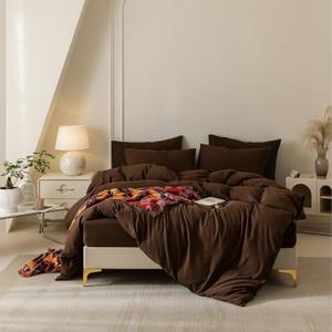 BDEAR 3 Pieces Cocoa Brown Vintage Duvet Cover Set Queen Size 90''Wx90''L for Spring and Summer, Pinstriped Textured Duvet Cover with Zipper Closure and 2 Pillowcases, Light Weight and Ultra Soft