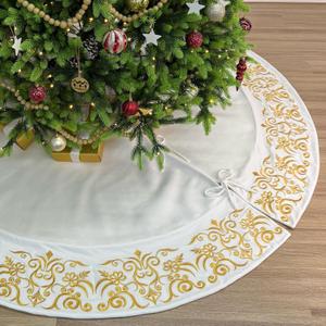 84-Inch Victorian Velvet Christmas Tree Skirt with Gold Damask Embroidery and Plush Lace Ties, Burgundy (Ivory)