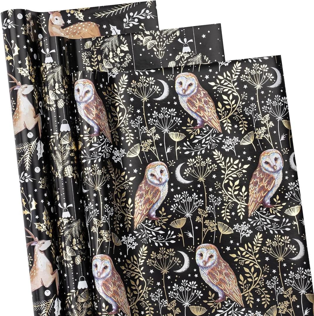 RUSPEPA Christmas Wrapping Paper Roll with Metallic Foil Shine - Mini Roll - 17 inches x 10 feet per Roll, Total of 3 Rolls - Owl, Reindeer and Christmas Ball