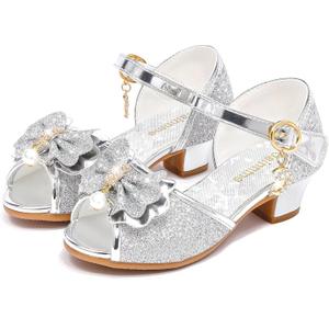 Sandals for Girls High Heel Wedding Princess Size 10 Little Girl Violet Toddler Kids Sequin Dress Rhinestone Shoes Knot (Sliver 9.)