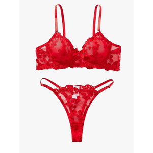 Sexy Floral Embroidered Flower Mesh Underwire Push Up Lingerie Set size M