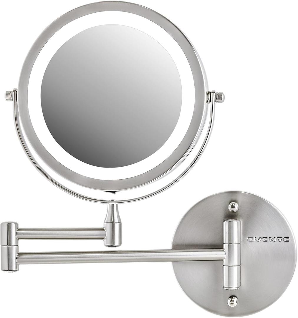 OVENTE Wall Mounted Lighted Makeup Mirror, 7" Double Sided 1X/7X Magnifying Vanity Mirror for Bathroom with LED Lights, Cordless, 360 Rotation and 13" Extendable Arm, Nickel Brushed MFW70BR1X7X