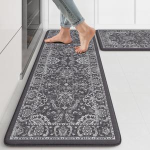 KIMODE Comfort Kitchen Mats for Floor Cushioned Anti Fatigue 2 Piece,Boho Floral Kitchen Rugs Non Slip,Waterproof Memory Foam Kitchen Mat Carpet for Laundry Office Home,Dark Grey 17"x29.5"+17" x47