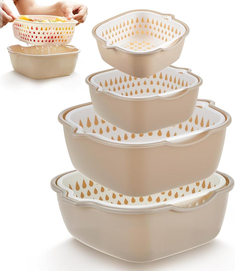 LemonRoad 8 Pcs Drain Colander Bowl Set Fruits and Vegetable Washing Strainer Detachable Double-layer Plastic Kitchen Food Basket, Kitchen Essential Gadgets(White, Grey)