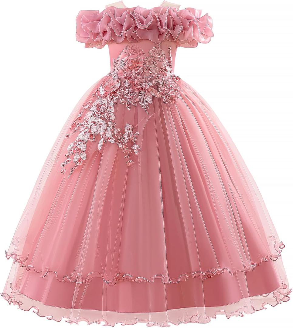 Flower Girl Dresses Lace Embroidery Off The Shoulder Tulle Dress Communion Pageant Wedding Dance Gown (7-8 Years, Beanpaste)