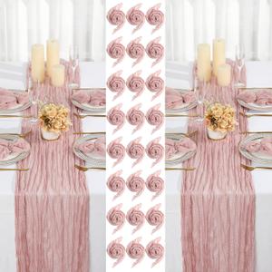 2 Cheesecloth Table Runners and 24 Napkins Set, 10Ft Boho Cheese Cloth Table Runners 20 x 20 Inch Rustic Wrinkled Gauze Napkins for Wedding Birthday Baby Shower Party Decor (Dusty Pink)