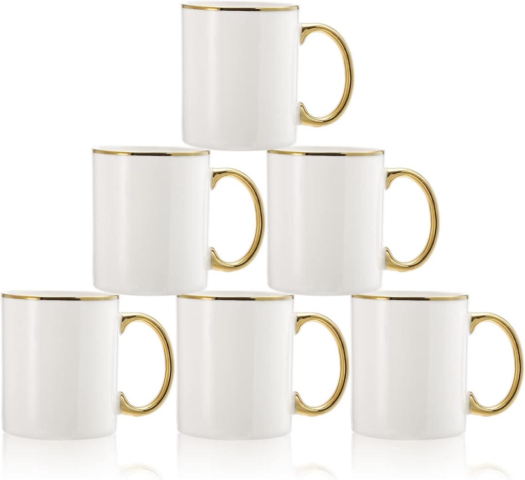 Fasmov 6 Pack Coffee Mugs, 11oz Ceramic Mug set Ceramic Cups for Coffee, latte, Cappuccino, Tea, Cocoa, Cereal, Hot Chocolate, Dishwasher Safe, White/Gold