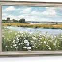 Lake Canvas Wall Art Framed: Flower Landscape Painting Picture Artwork Hand Painted Nature Scenery Print Decor for Living Room Bedroom Home Decoration (45L" x 30W")